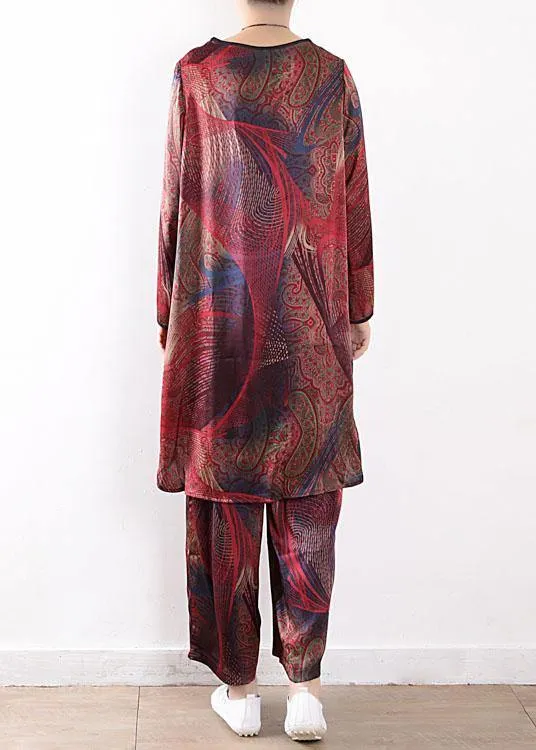 2021 Summer New Red Print Chiffon Suit Loose Shirt   Wide Leg Pants
