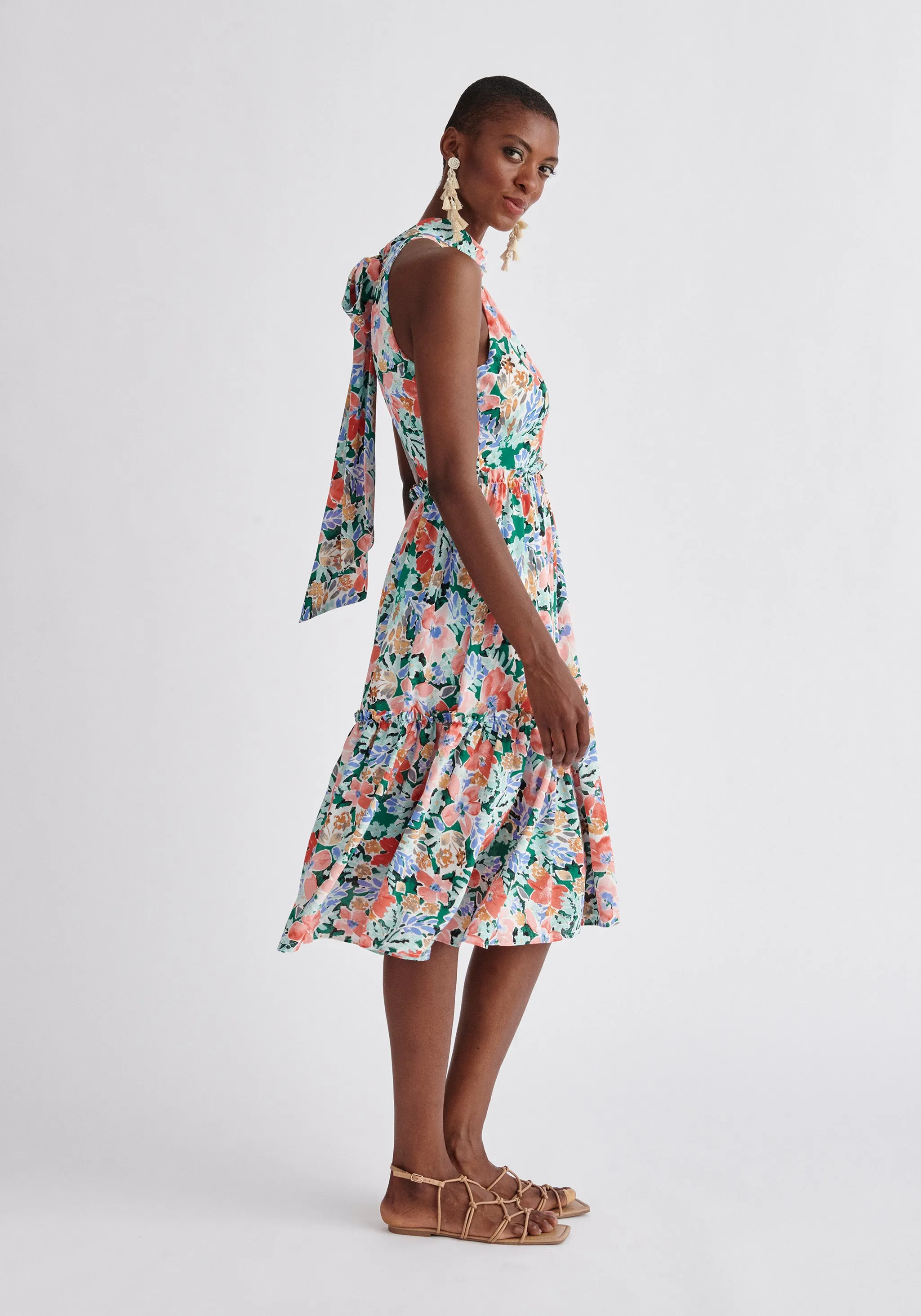 Floral Tiered Halterneck Dress