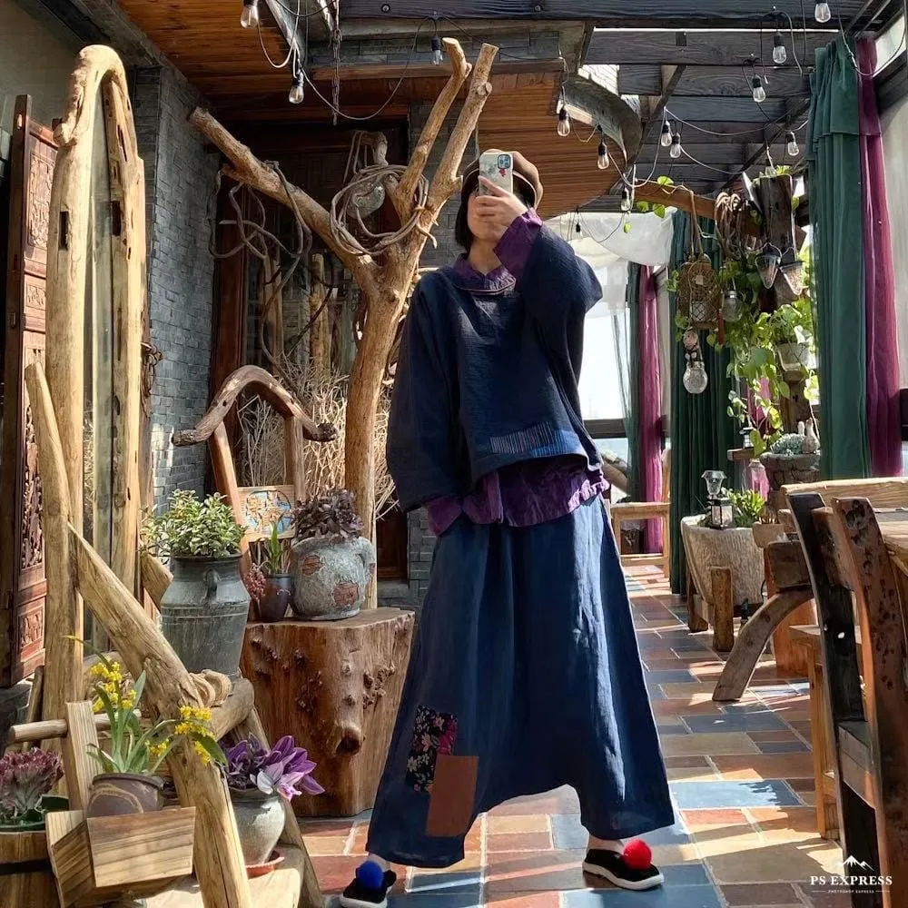 Patchwork Blue Linen Pants | Hippie