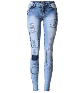 Women Pencil Jeans Low Waist Sky Blue Patchwork Skinny High Stretch Denim Jeans - WJN0022